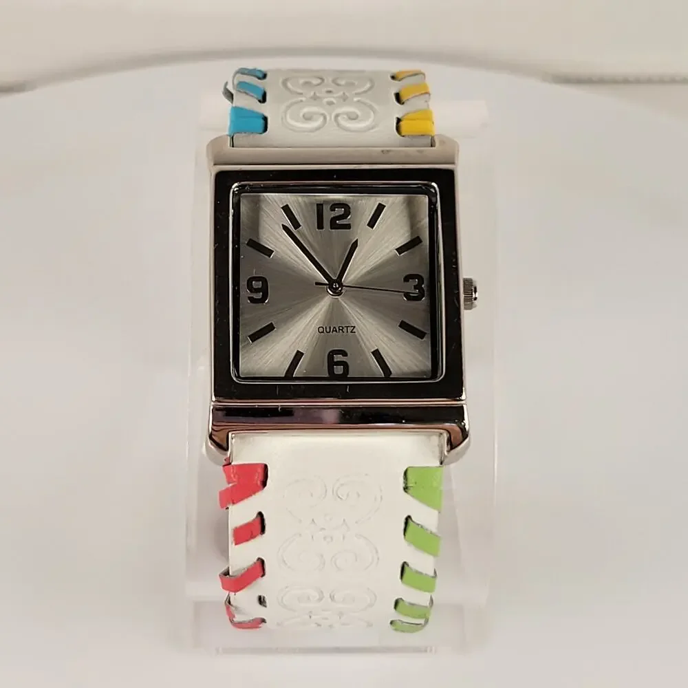 Silver Quartz Watch with Embossed Cuff White Leather Strap and Multicolor Design